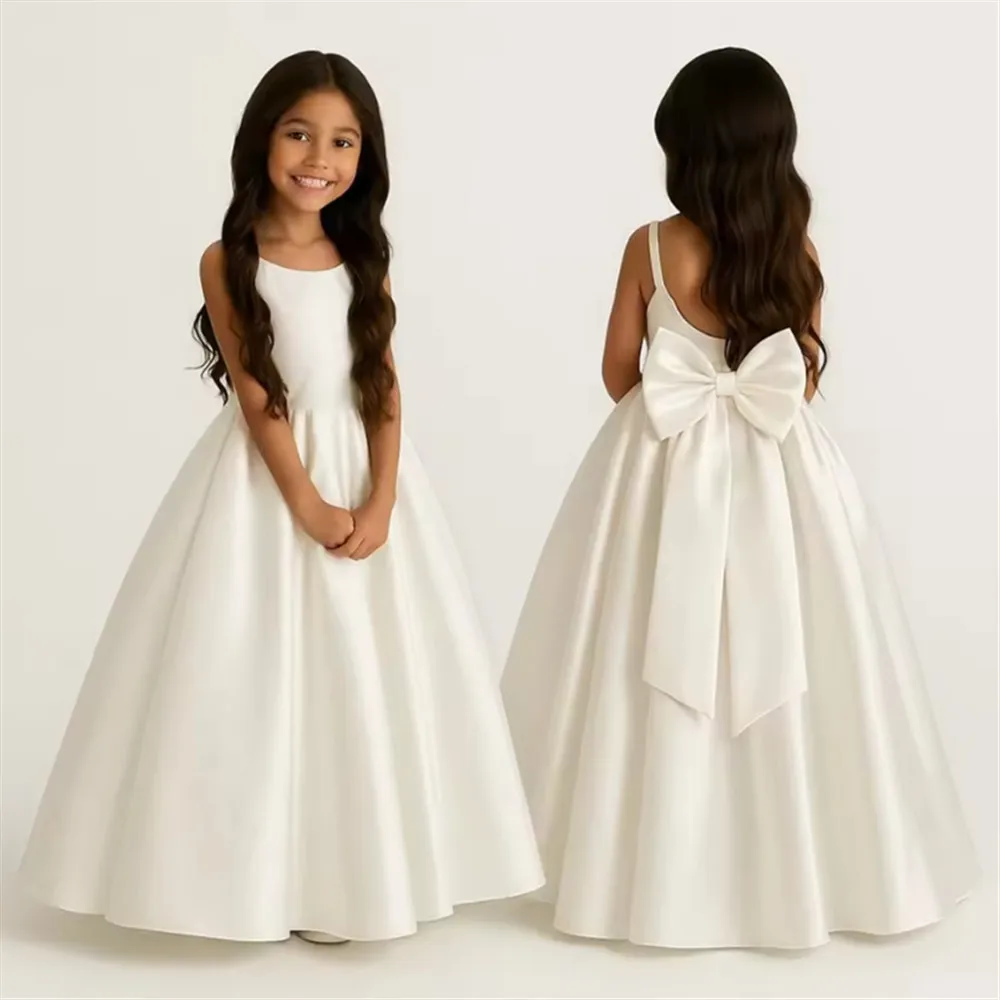 

Elegant Satin Flower Girl Dress for Wedding Toddlers Spaghetti Strap Backless Princess Communion Dress Party Gown Customized