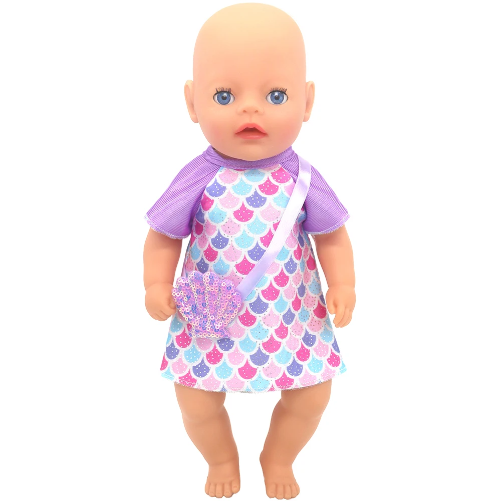 14 Inch Doll Mermaid Pattern Outfit Set, Polyester Dress with Shell Bag, Doll Clothing Accessory, No Doll
