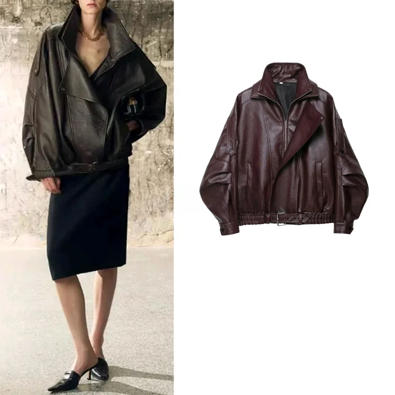 

Fall Women's American Retro Bubble Pattern PU Leather Collar Long Sve Zipper Sle ort Jaet Coat Fake Leather Outerwear