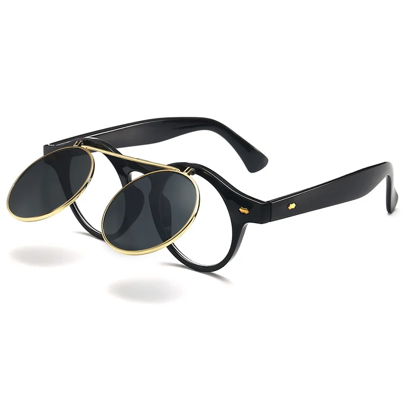Retro Flip Sunglasses 8008 Punk Steam Round Double-Layer Sunglasses Manufacturers Wholesale European and American Trend Sunglasses
