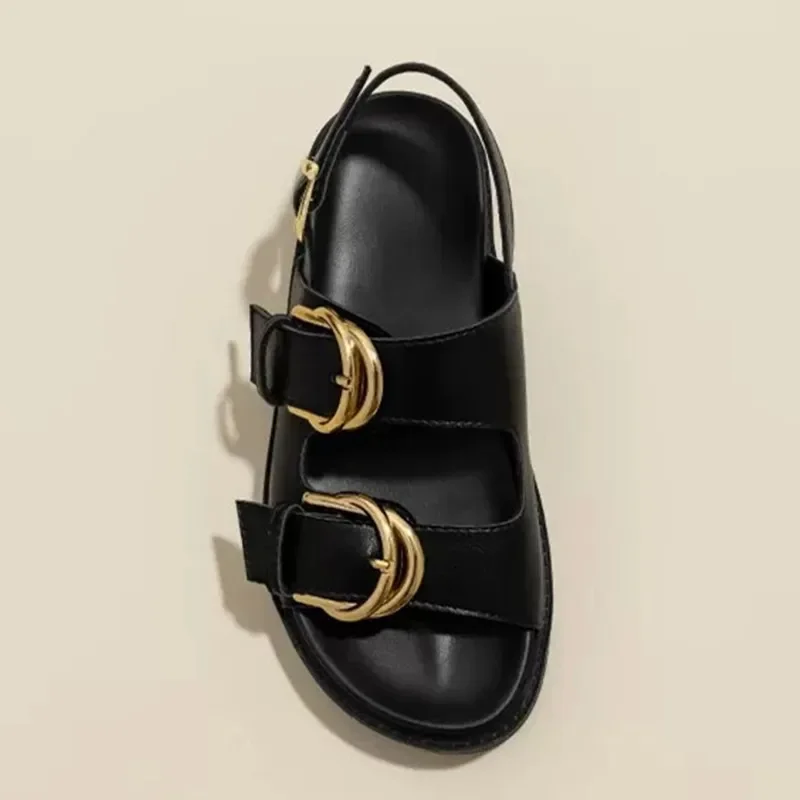 Retro Fashion Design Slide Slippers Women 2024 Summer Black Soft Leather PU Metal Buckle Flat Sandals Light Non-Slip Beach Shoes