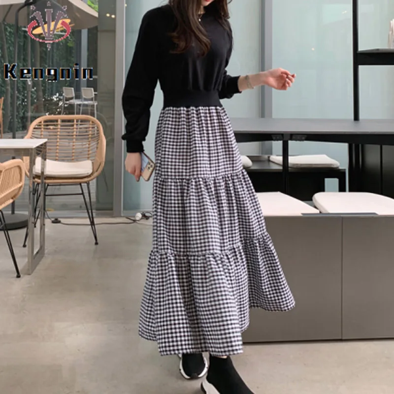 

Loose Fake Two Piece Women Hoodies Dress 2023 Autumn Korean Fashion Lady Vestido Plaid Patchwork Black Robe Female Dress KE3090