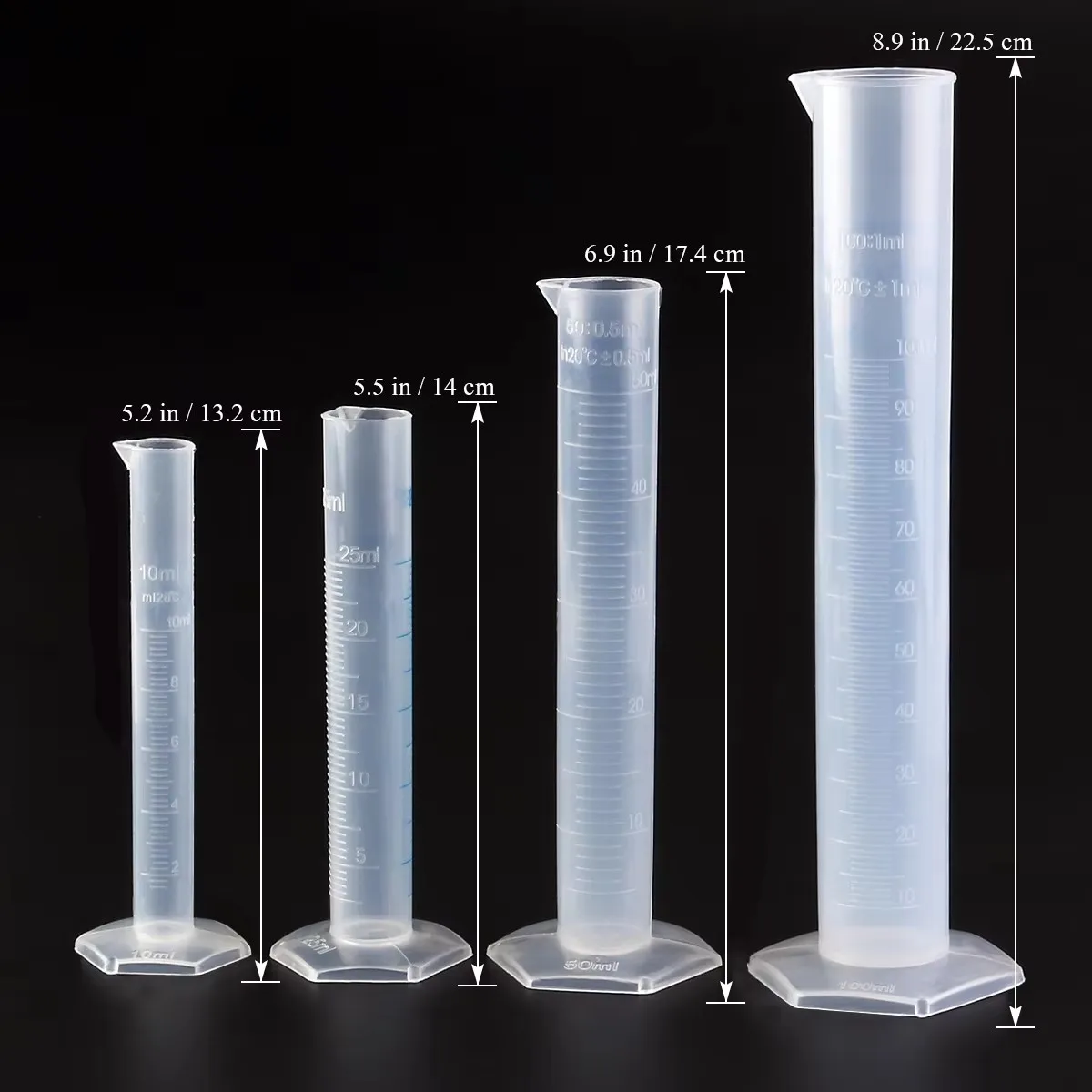 4pcs Mixed size 10ml,25ml,50ml,100ml,Plastic Measuring Cylinder Graduated Cylinders，Transparent Measuring Cylinder for lab