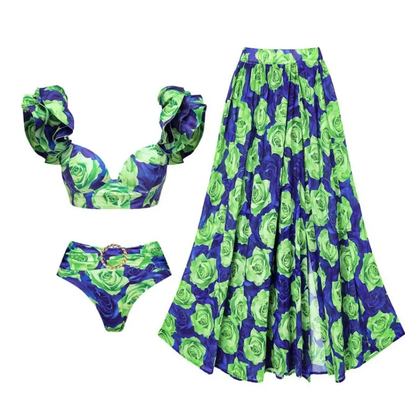 2024 New 3pieces Sets Beachwear for Women Ruffle Strap Push Up Biqunis +Bohemian Dresses Floral Printed Swimwear Monokini