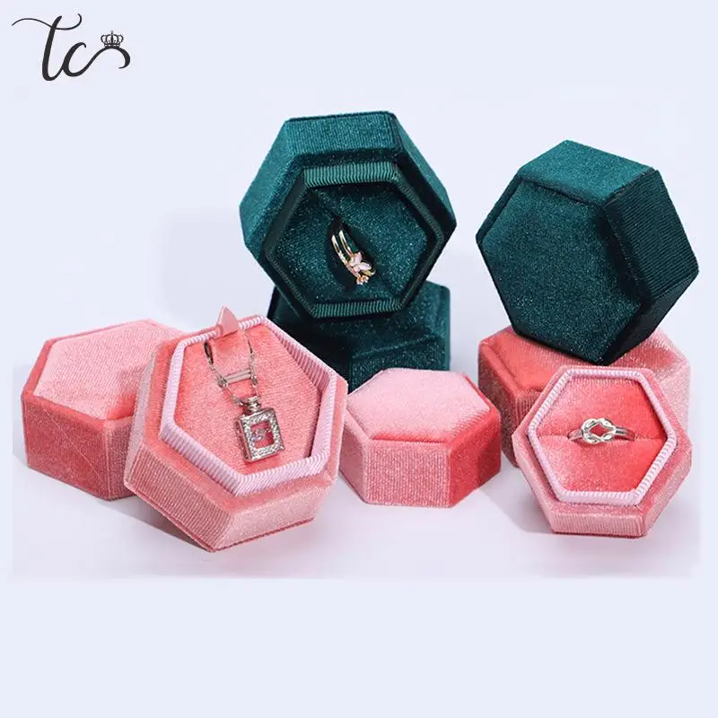 Joyero Hexagonal de terciopelo para anillos, pendientes, collar, colgante, pulsera, caja de exhibición de almacenamiento, caja de regalo de propuesta de boda