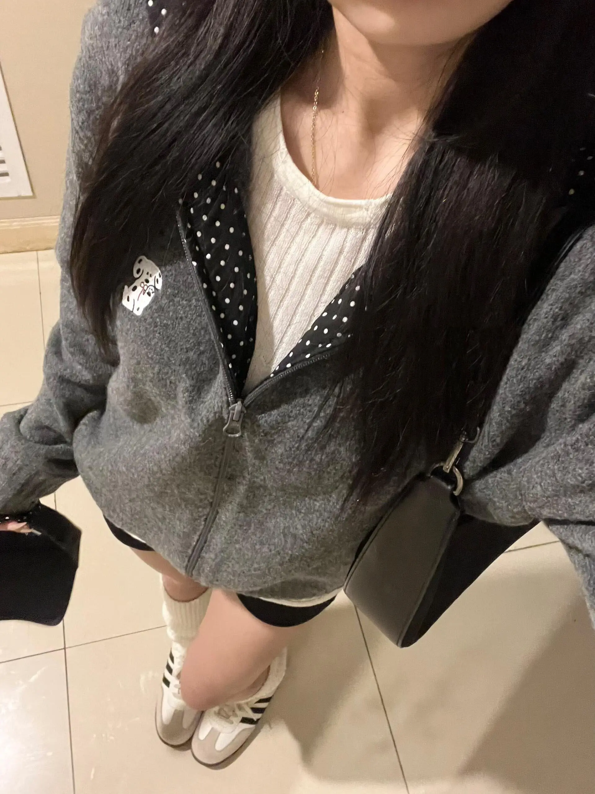 Gray Polka Dot Hooded Knitted Sweater Coat Casual Style Women's Autumn Winter Loose Zipper Knitted Outerwear Top