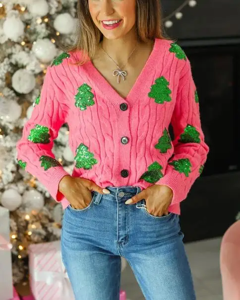 Christmas Long Sleeve Warm Comfortable Pink And Red Pattern Embroidery Knitted Sweaters Women Cardigan Single Breasted Basic