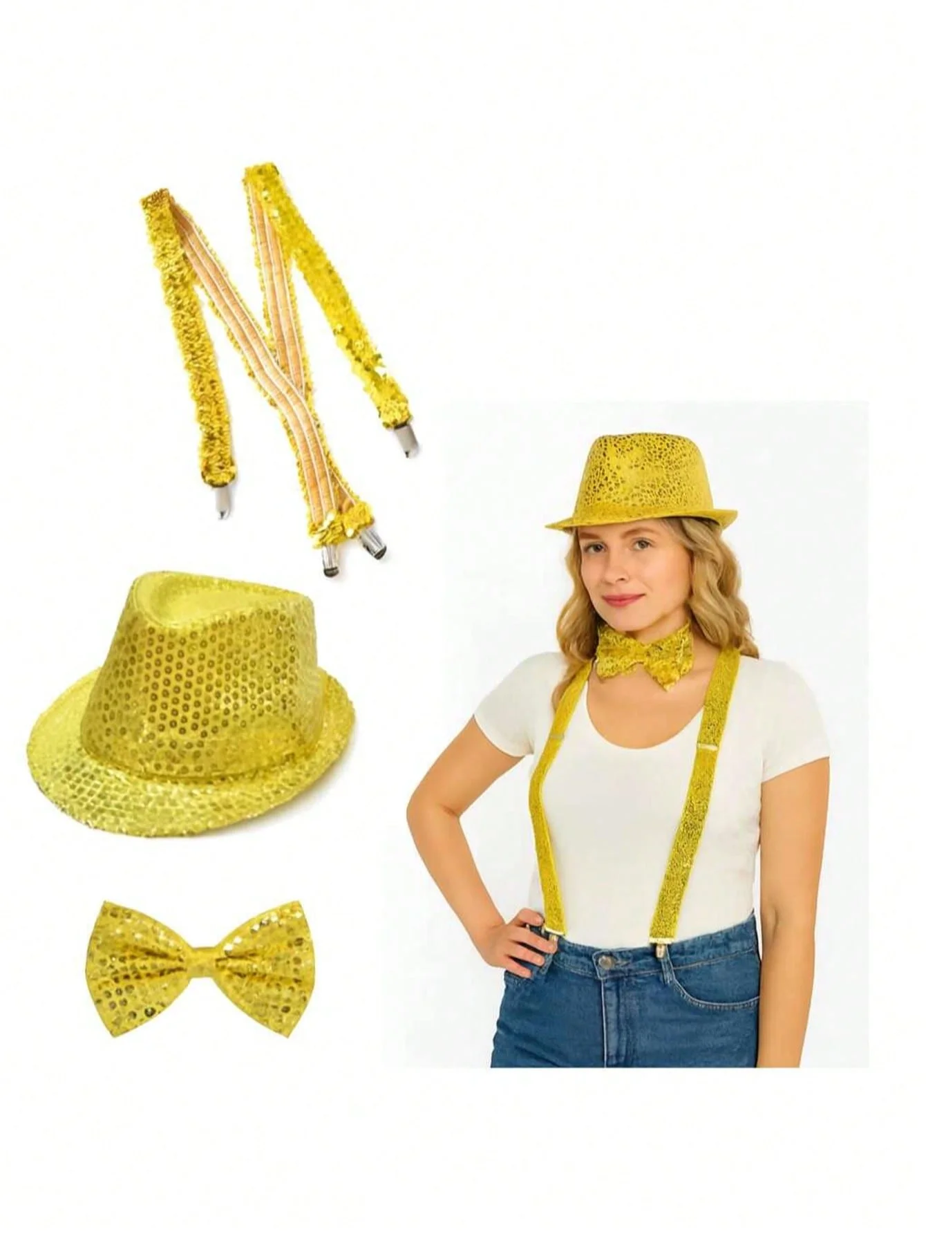 3Pcs Gold Sequin Costume Set Men Women Glitter Fedora Hat Bow Tie Suspenders 1920s Gatsby Party Halloween Wedding Prom Nightclub