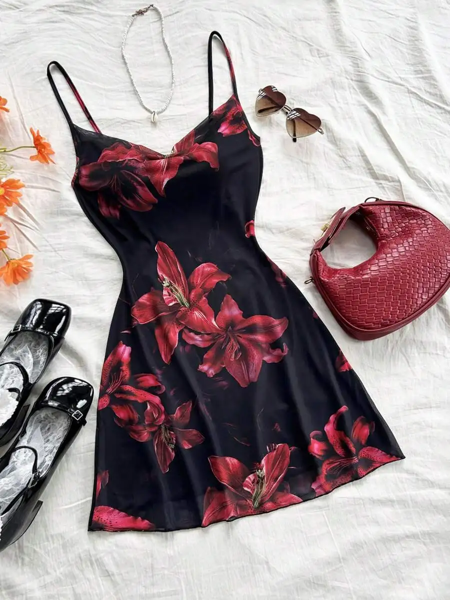 

Black Floral Print Spaghetti Strap Mini Dress with Draped Neckline