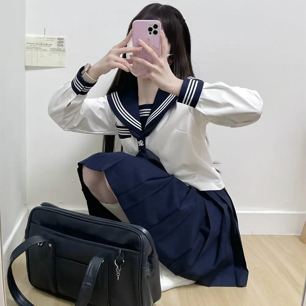 High School Korean Uniform Navy Blue Pleated Skirt Set for Girl Japan Jk Uniforms White Sailor Suit Blouse Seifuku Student Cos