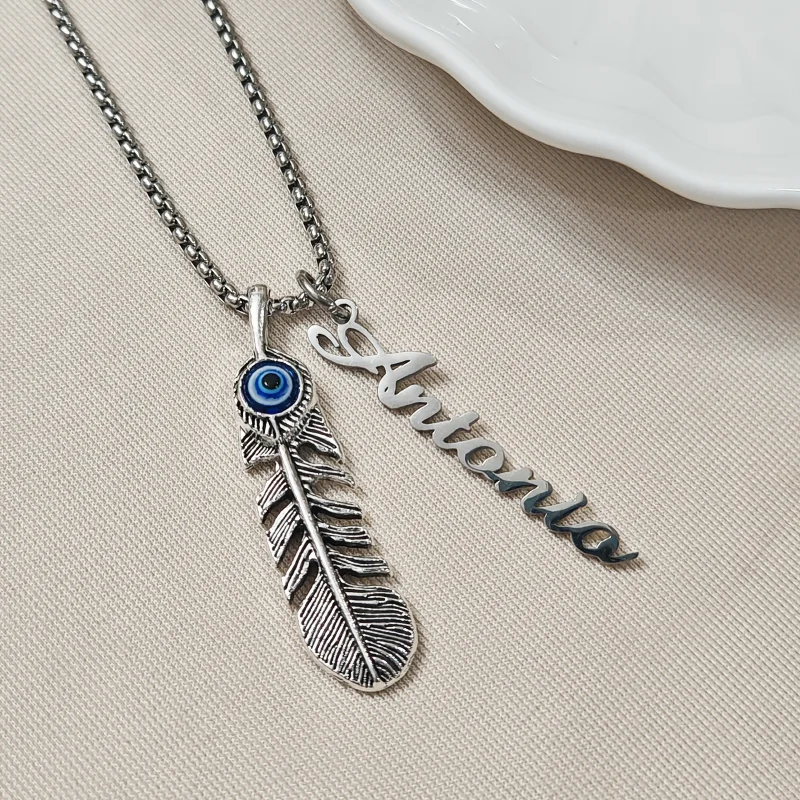 

Customized Feather Eye Name Necklace Blue Eye Devil's Eye Stainless Steel Brand Necklace Hip Hop Style