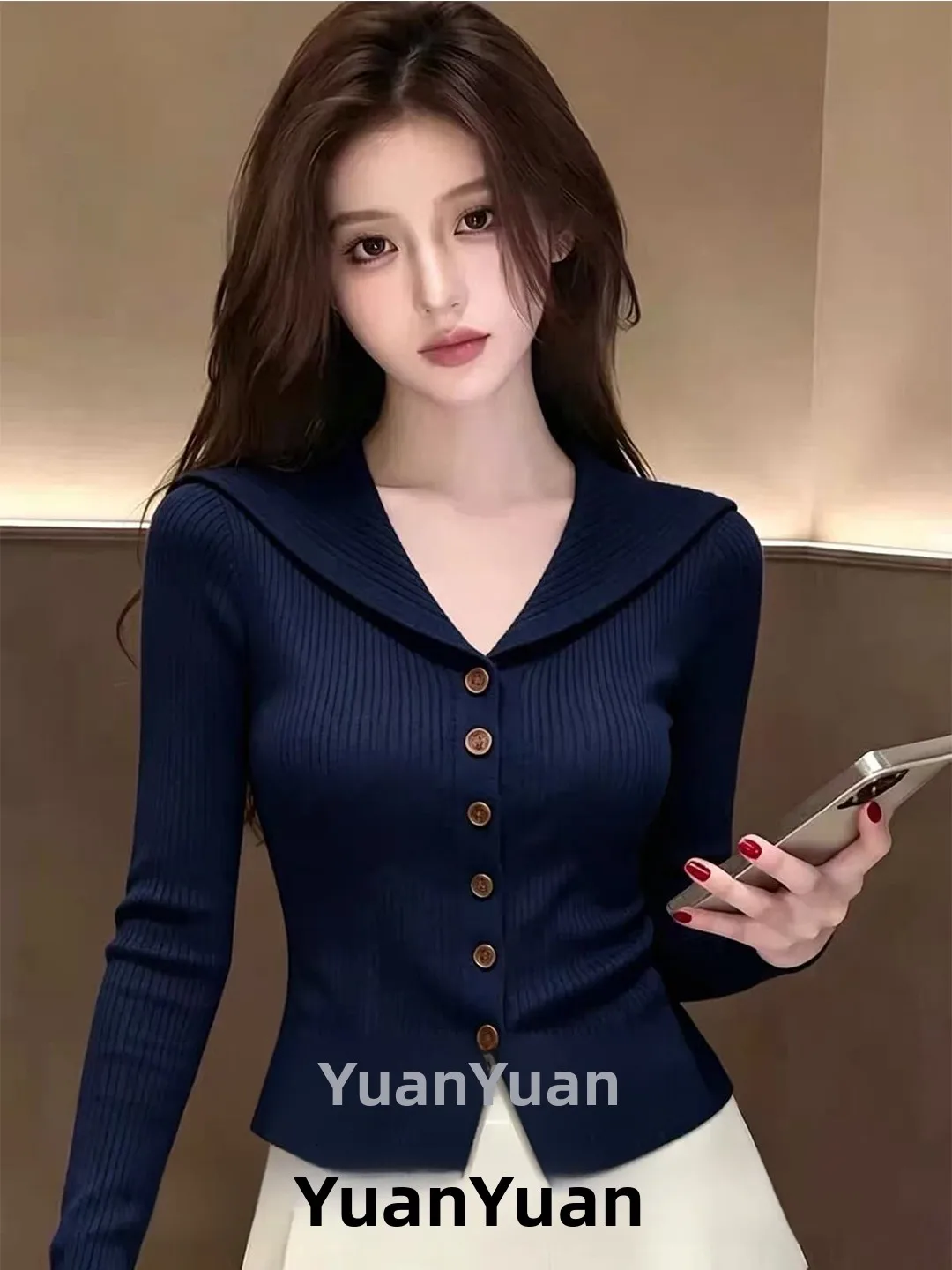 Slim Fit Knitted Long Sleeve Navy Collar Button up Cardigan Women's Fashion Casual Style Polyester Fiber Soft Comfortable Aut...