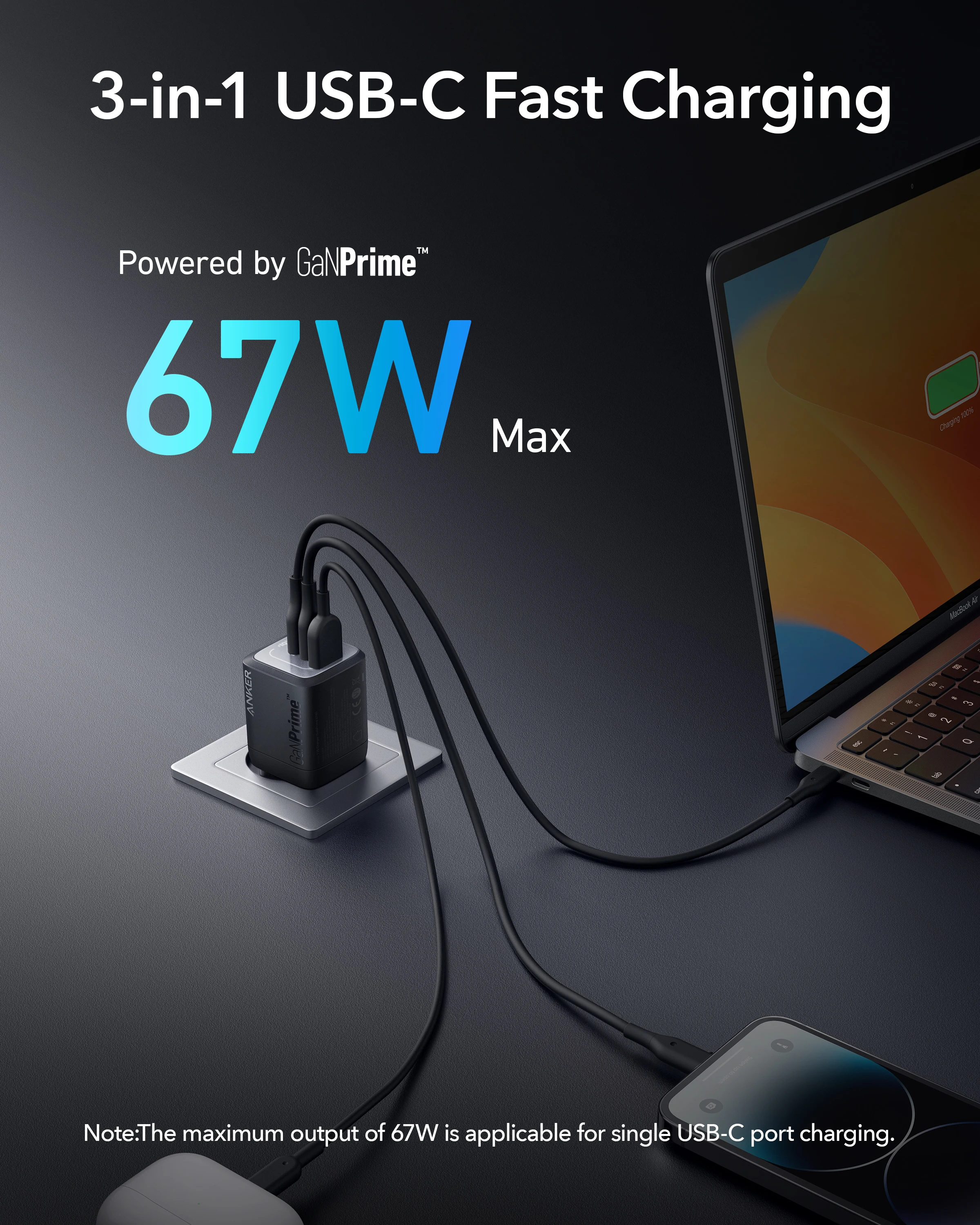 Anker Prime USB C 충전기, Anker GaN 벽 충전기, 3 포트 컴팩트 고속 PPS 충전기, 맥북 프로 에어, 아이폰 15, 아이패드 프로용, 67W