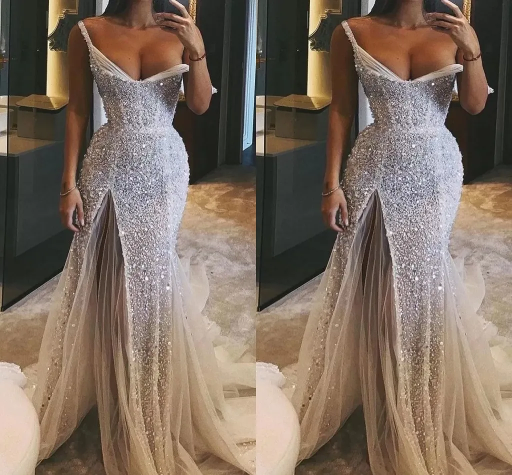 Gaun Prom Formal Lumpur Dubai Arab Seksi 2023 Gaun Gala Acara Manik-manik Manik-manik Payet Lengan Panjang Satu Bahu Vestidos De Fieast