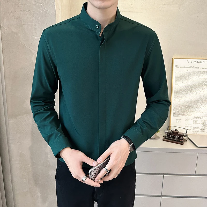 

Autumn Winter Men's Long Sleeve Stand Collar Shirts England Style Tuxedo Dress Solid Basic Slim Fit Shirt Black White Green