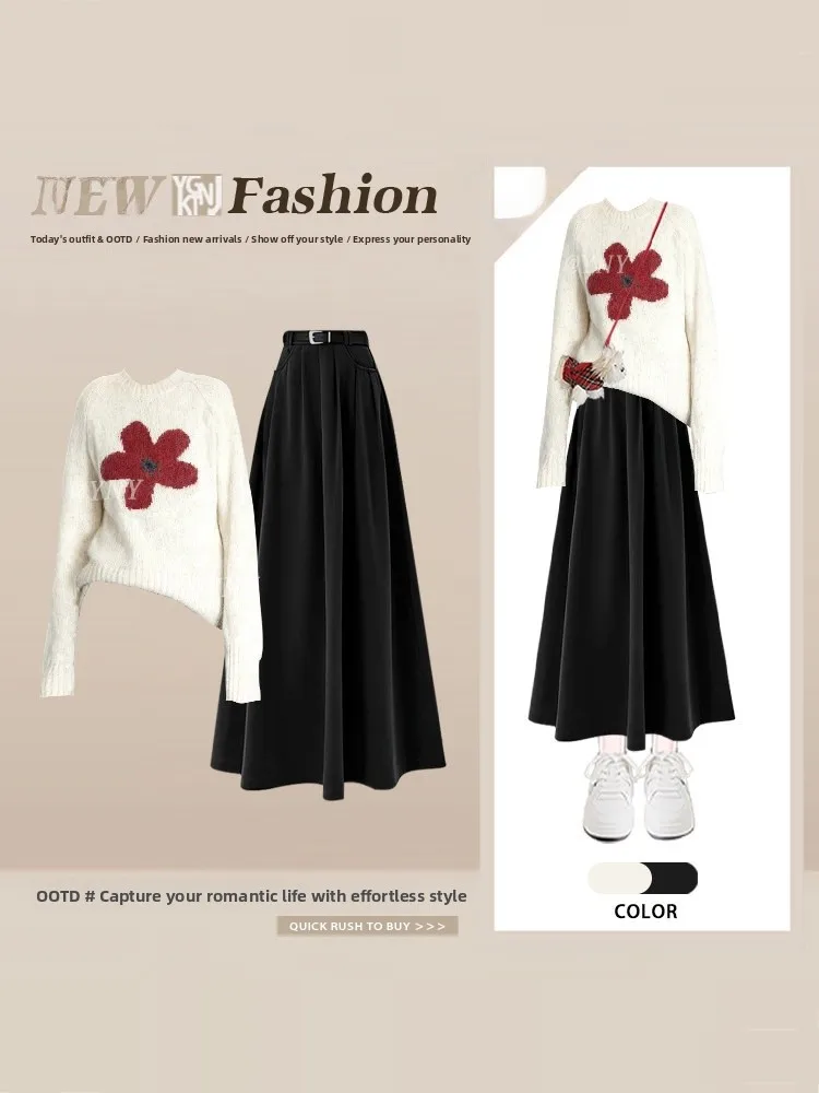 Pull rond à fleurs coréen pour femme, jupe trapèze taille haute, ensemble deux pièces, amincissant, défense de l'âge, hiver