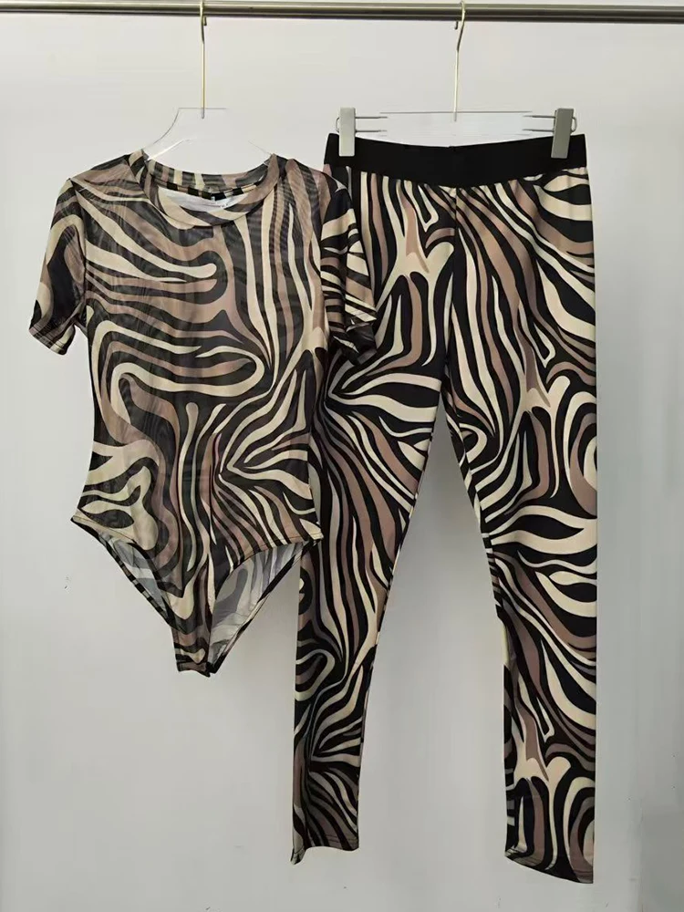 2026 Summer women's retro geometric printing sexy knitted jumpsuit swimsuit two-piece suit+elastic tight pants fashion suit