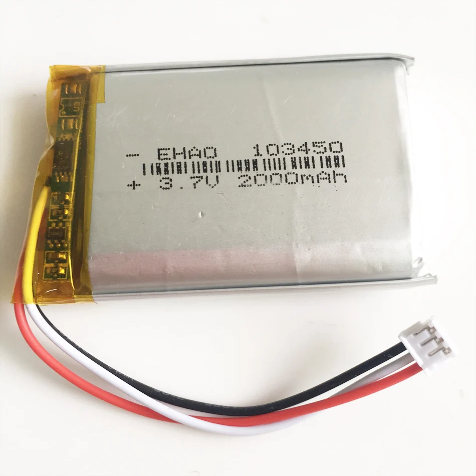 3.7V 2000mAh Lithium Polymer LiPo Rechargeable Battery 103450 + JST ZH 1.5mm 3PIN Plug For DVD PAD Camera GPS Speaker Laptop