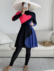 Modest Swimwear for Muslim Women New Burkini 2pcs All Cover Swimsuits Long Dress and Long Panty Blue and Red Patchwork Burkini