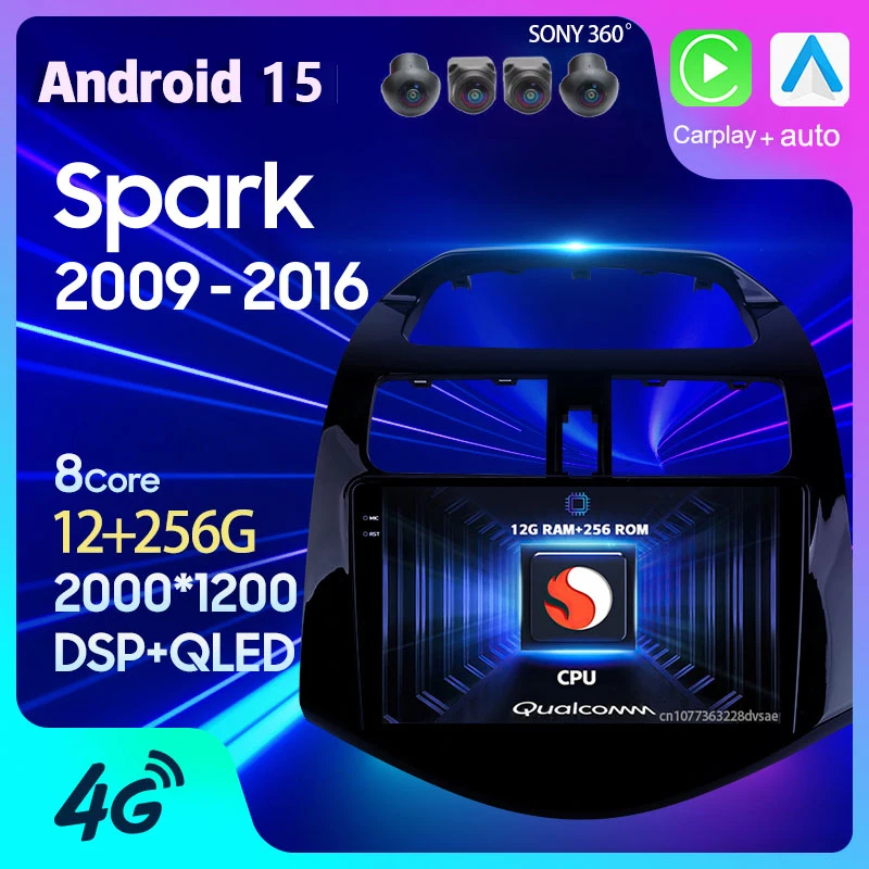 Android 15 Carplay WIFI+4G For Chevrolet Spark Beat Matiz Creative 2010 2011 2012 2013 2014 Car Radio Multimedia GPS Stereo DSP