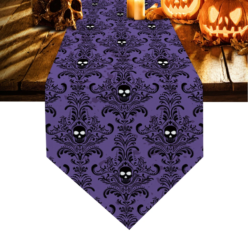 Halloween Purple Skull Pattern Table Runner for Dining Table Party Decor Anti-stain Rectangular Dining Table Runner Decoration