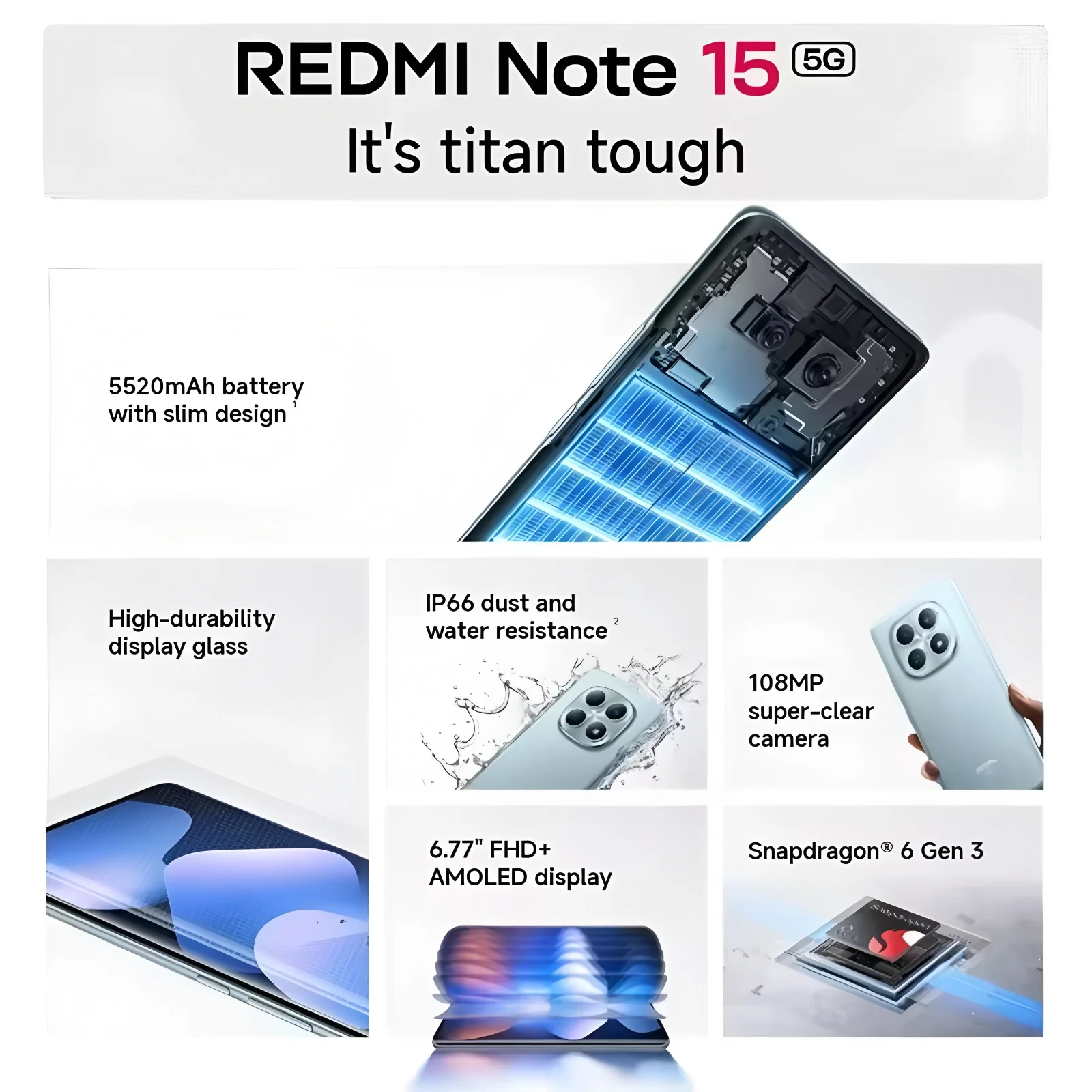Xiaomi Redmi Note 15 5G – Smartphone de 6+128GB/8+256GB, Pantalla AMOLED de 6.77” 120Hz FHD+, Snapdragon 6 Gen 3 , Cámara de 108 MP, 5520 mAh, NFC 3