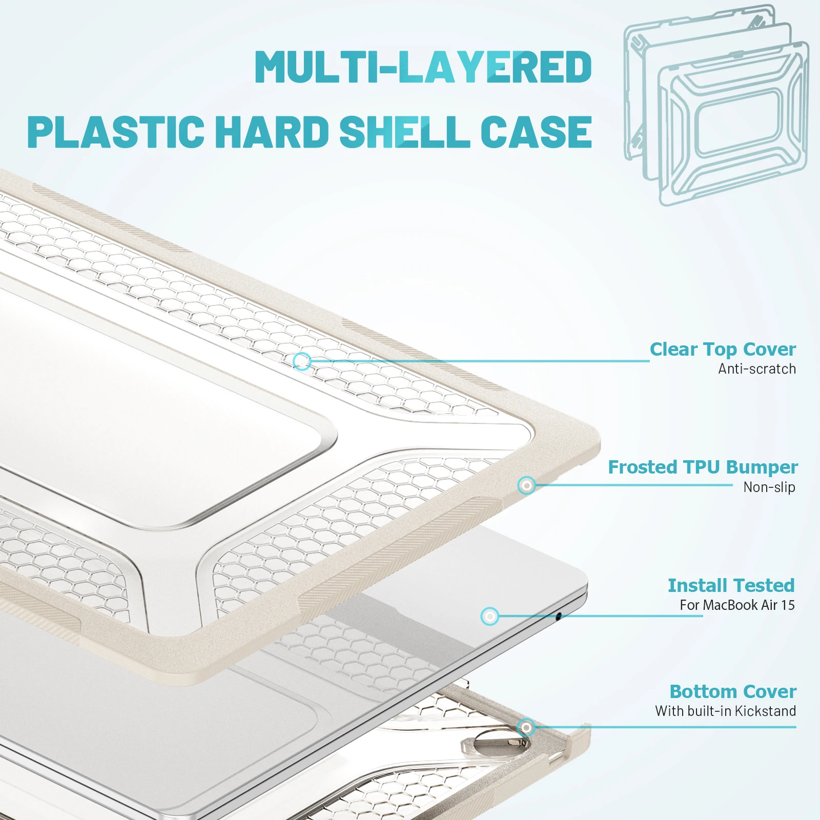 Built-in Kickstand Laptop Case for Mac Book Air 15 15.3 inch 2026 2025 2024 2023 M5 A3448 M4 A3241 M3 A3114 M2 A2941 Clear Cover