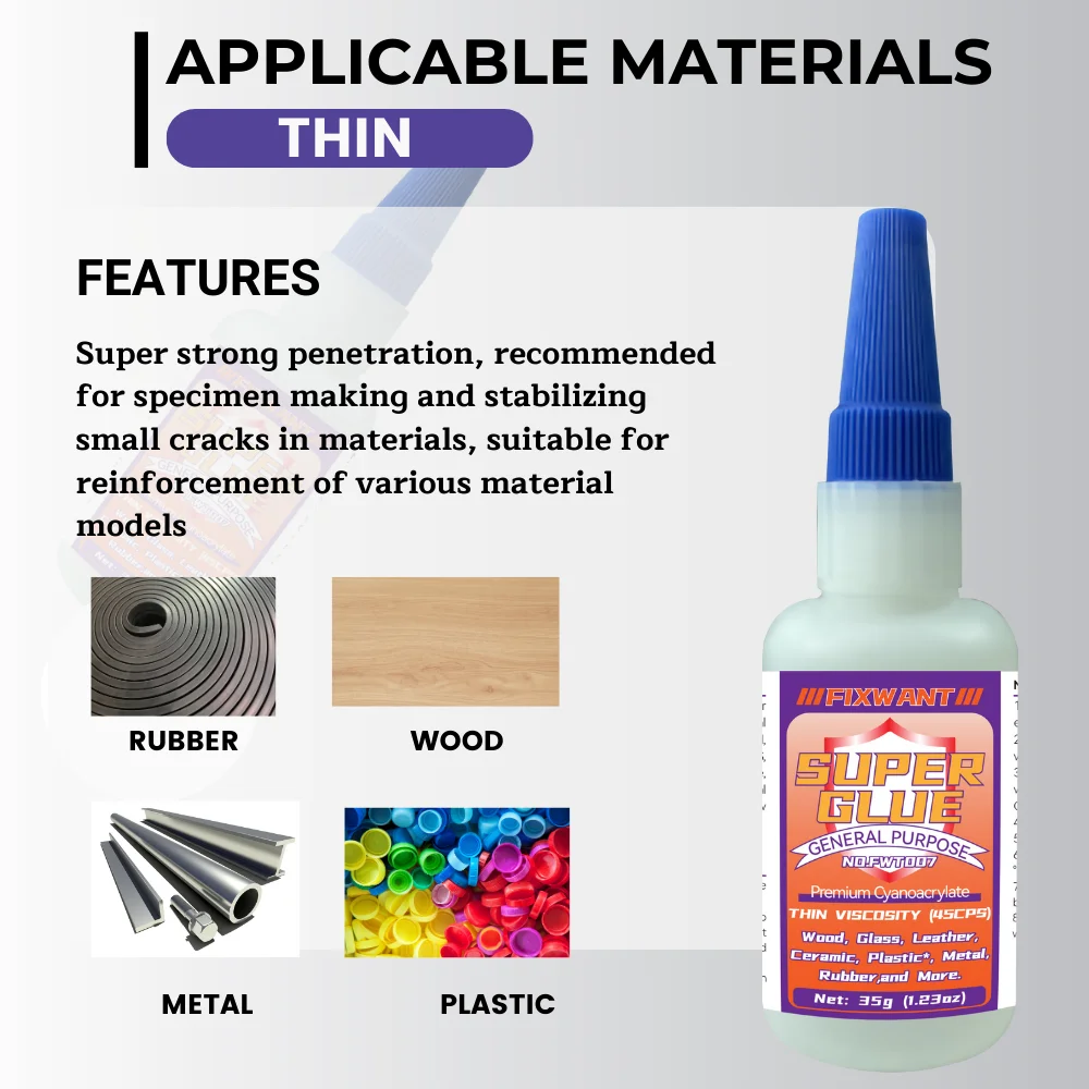 FIXWANT General Purpose Premium Cayanocarylate Adhesive Thin Medium Thick Liquid Super Glue for PVC Wood Metal Plastic and More