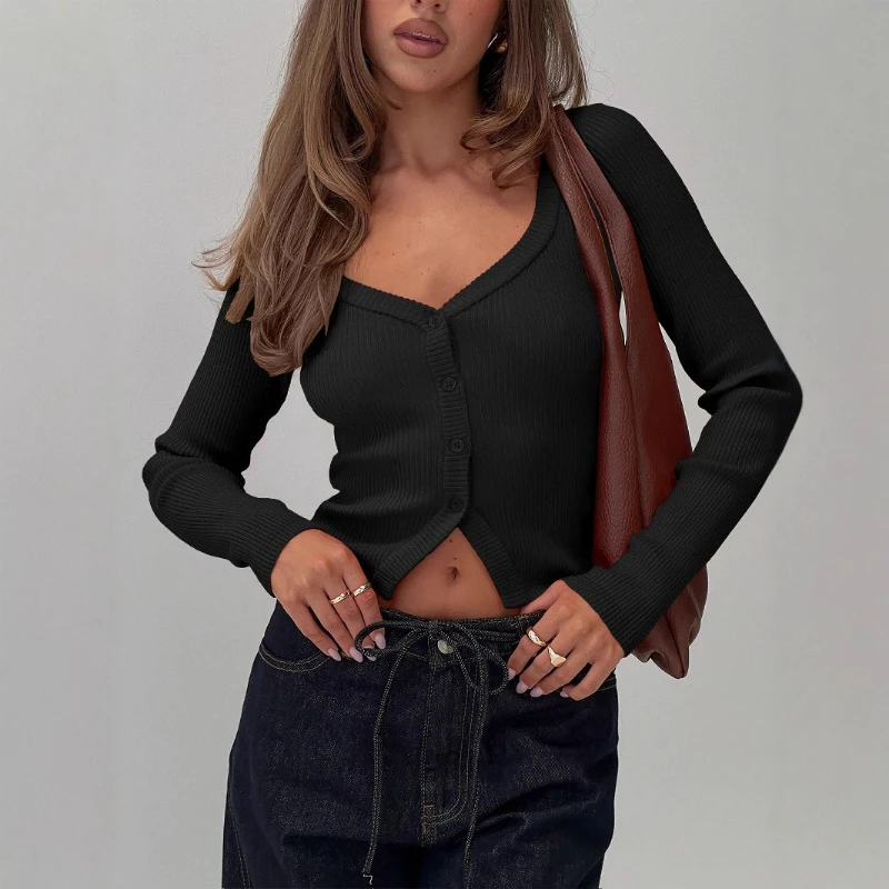 

Fall/Winter 2025 V-neck Long-sleeved Ribbed Button Cardigan Slim Commuter Women's Top