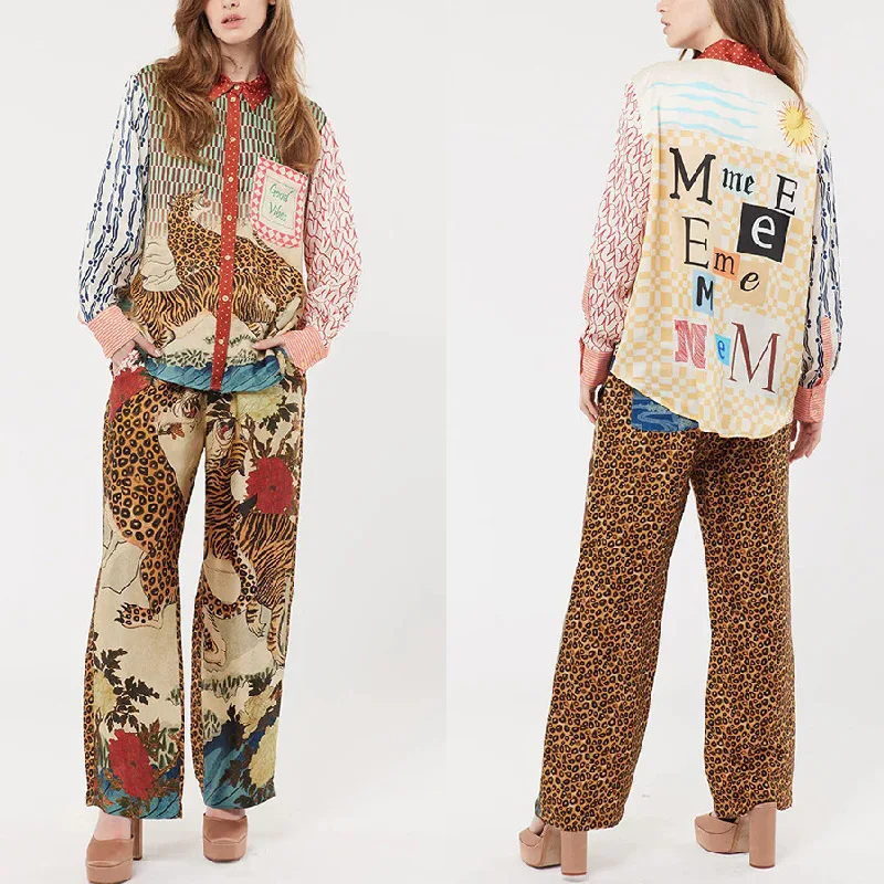 

2026 New Casual Vacation Leopard Print Long Sleeve Shirt And Pants Two-piece Set Dresses For Women Midi Outfits Boho Maxi