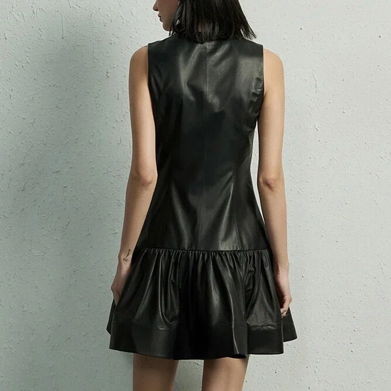 Lambskin Dress for Women 2023 New Round Neck Sleeveless Genuine Leather Pink Skirt Tierred Folded A-line Pullover Vestido