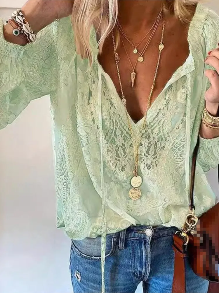 Women\'s Fashion Solid Sexy Hollow Out V-neck Shirt Top 2025 Autumn Lace Blouse Casual Loose Tops Office Lady Lace-up Top