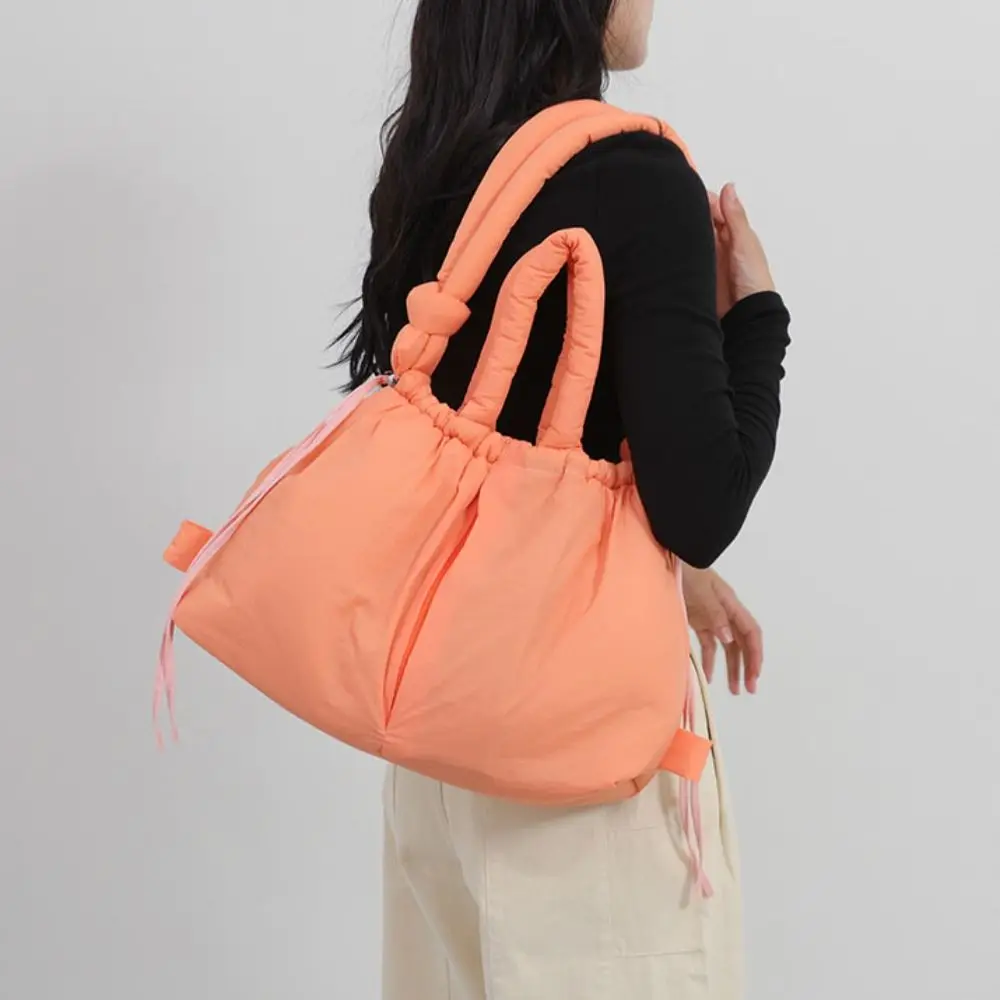 

Casual Solid Color Drawstring Tote Bag Knotted Strap Dual-purpose Nylon Padded Tote Bag Lightweight Quilted Puffer Backpack Work