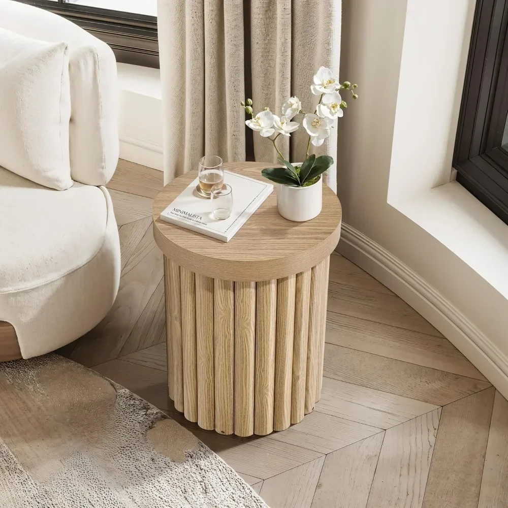 Wood Round Side Table, 19" Fluted Small End Table for Small Spaces, Mid Century Modern Wooden Accent Table, Small Bedside Table