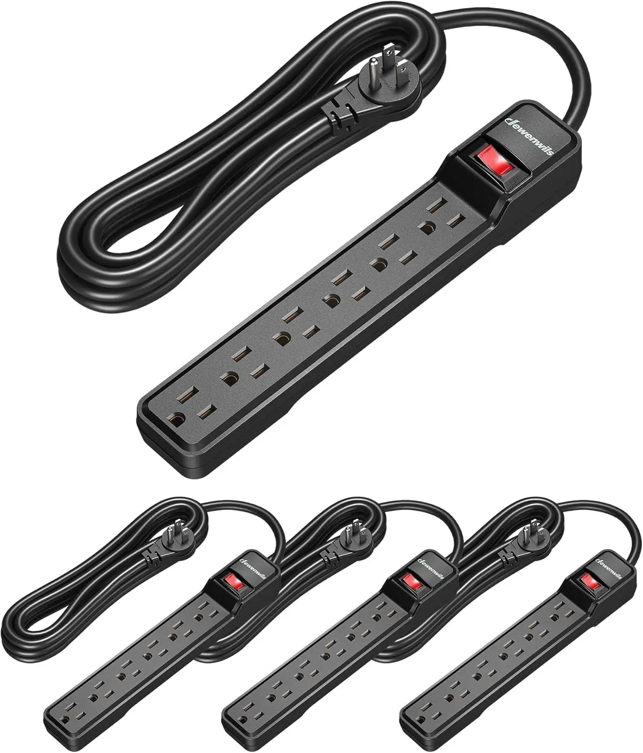 

15-Foot Power Strip with 6 Outlets, Surge Protection, Flat Plug, Wall Mountable - 4 Pack