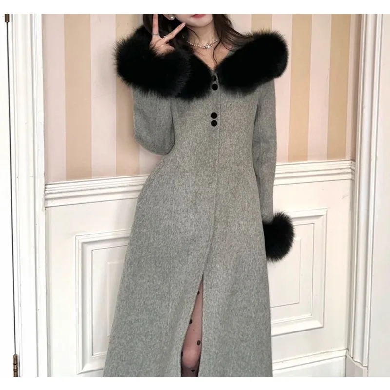 الكورية هيبورن كسول مزاجه معطف صوفي طويل جو الرجعية فضفاضة ورقيقة معطف الصوف المرأة #1