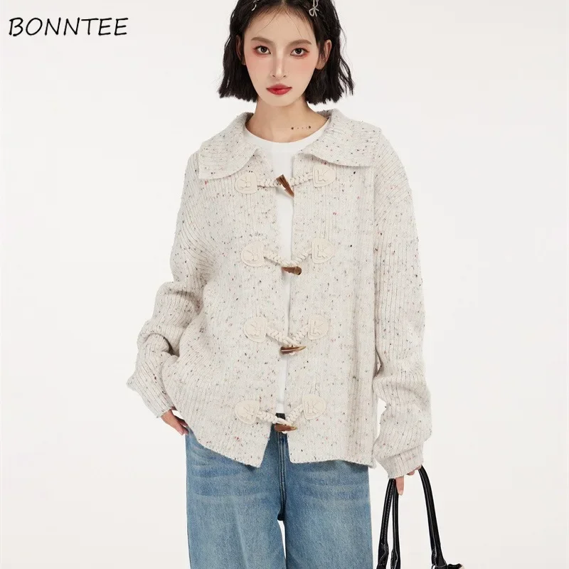 

Cardigan Women Design Horn-buckle Polka-dot Turn-down Collar Soft Knitted Outwear Korean Fashion Autumn Winter Youth All-match