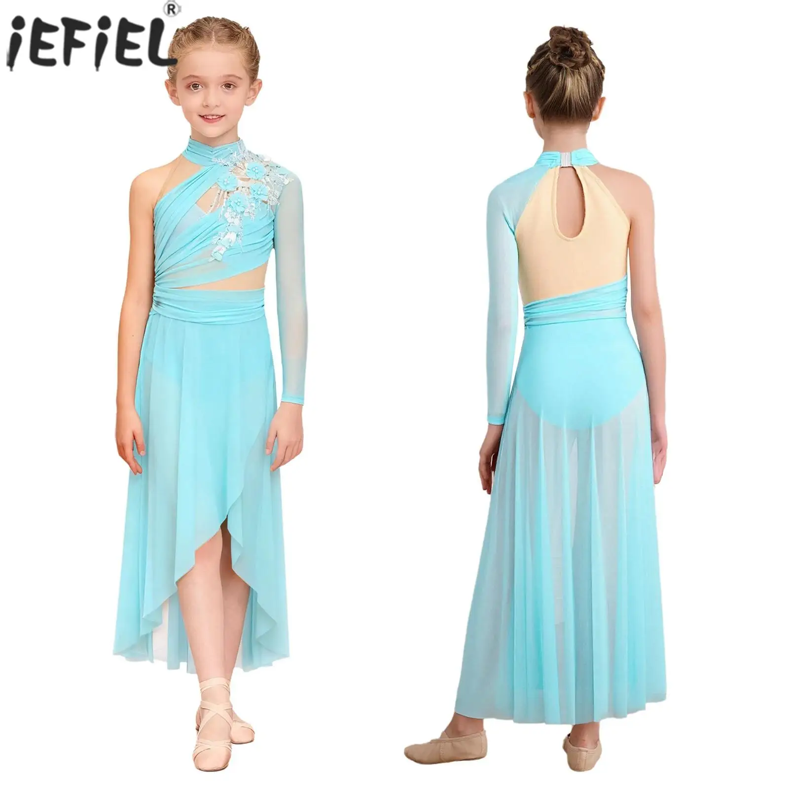 Vestido de baile lírico moderno para niñas, apliques de un solo hombro, vestidos de leotardo de malla transparente para patinaje artístico, gimnasia artística