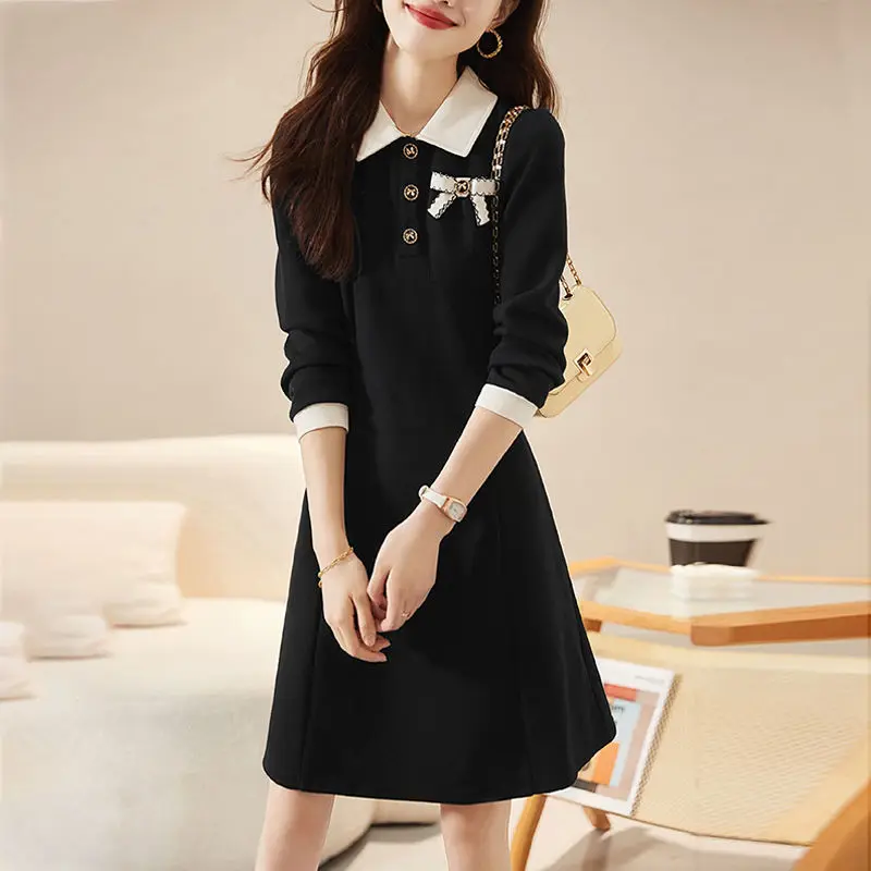 Autumn Pear Shaped Figure French Bow New Color Contrasting Long Sleeved Fashion Waist Slimming and Stylish Long Sleeves Dress