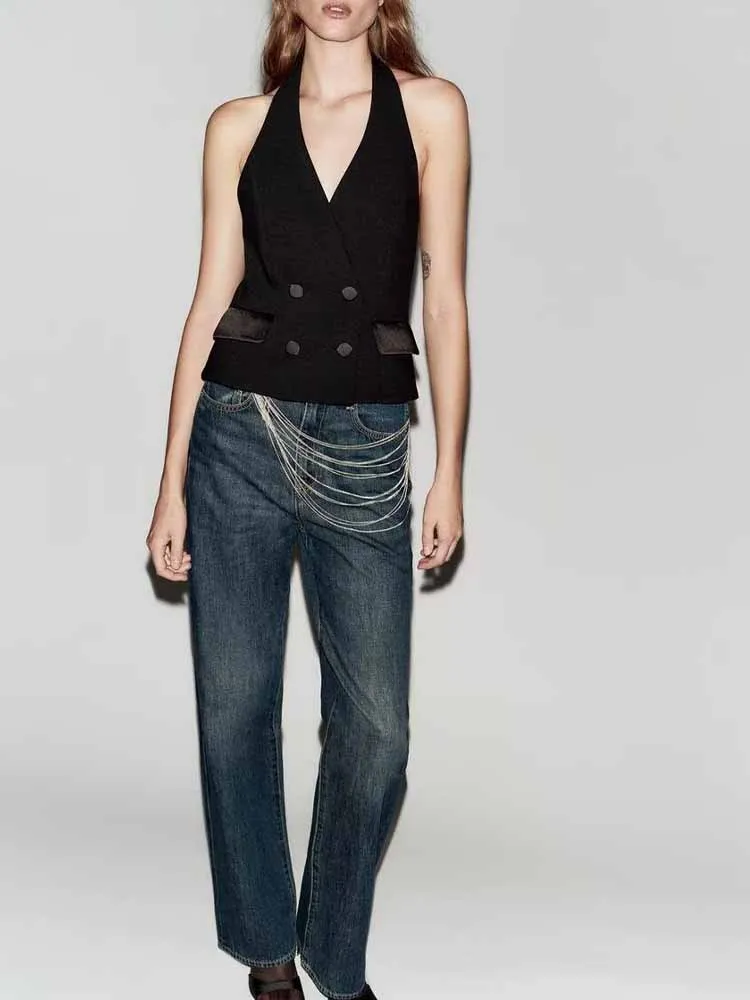 

Зимнее новое поступление в европейском и американском стиле, модная женская одежда, универсальный V-образный вырез, бретелька на шее, открытая спина, ласточкин хвост v