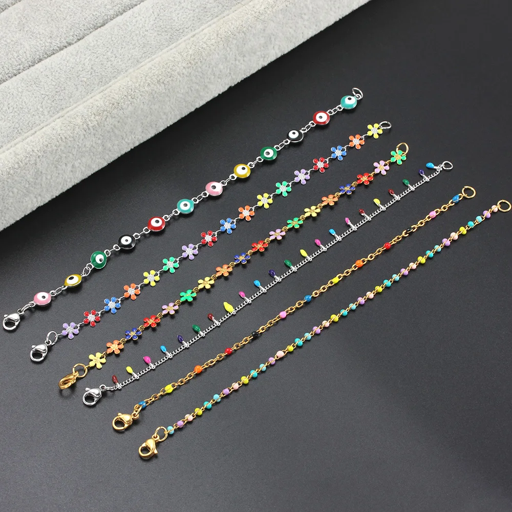 سوار سلسلة من المينا من الفولاذ المقاوم للصدأ للنساء ، ملون ، لطيف ، سحر رومانسي ، مجوهرات نسائية متعددة الألوان ، 7-9 بوصة ، فاخرة