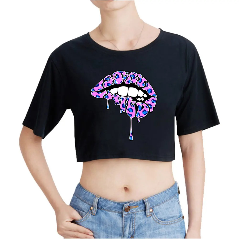 Ben Azelart Stay Wild Lip Vintage 90s Crop Top Exposed Navel T-Shirt Oversize O-Neck Tops Women Funny Tshirt Fashion Elegant Top