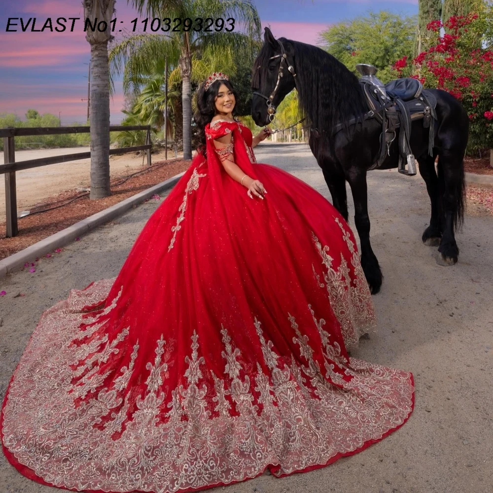 

EVLAST Customized Glitter Red Quinceanera Dress Ball Gown Gold Lace Applique Beading Tie Sweet 16 Vestidos De 15 Anos E1QN825