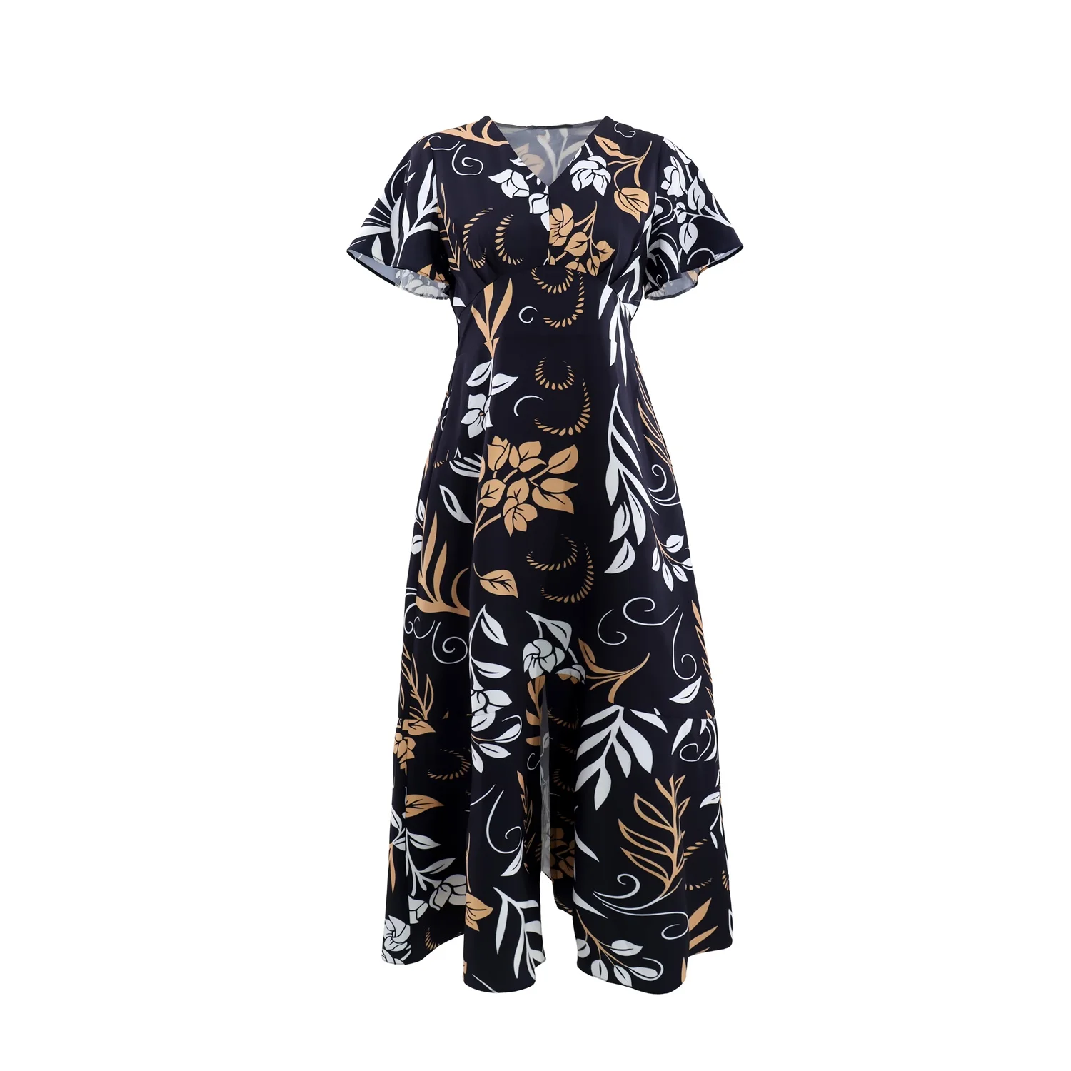 Abito lungo da donna a trapezio con stampa di foglie tropicali e vita grembiule - Abito da spiaggia Boho a maniche corte in nero/beige/marrone/per l'estate