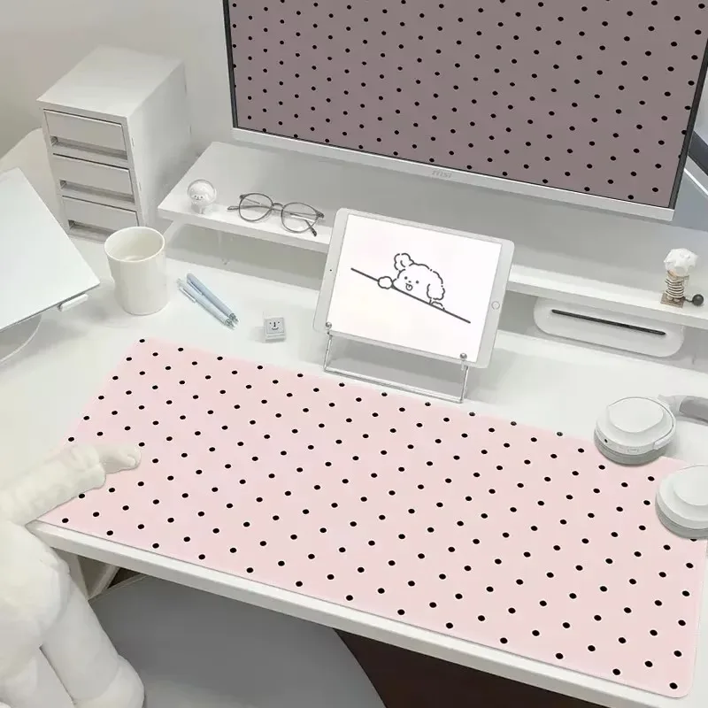 Korean Ins Cute Polka Dots Leather Desk Pad Protector Mouse Pad Office Desk Mat Waterproof Non-Slip PU Desk Blotter Pad Washable
