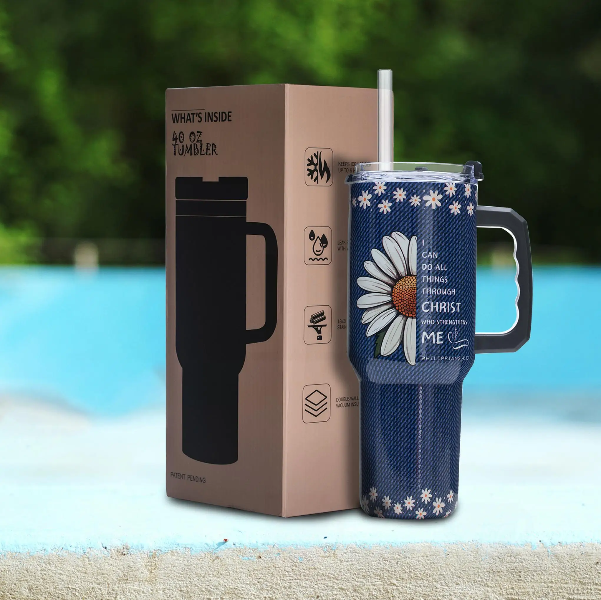 

Inspirational 40oz Vacuum Insulated Christian Tumbler with Daisy Design and Handle, Stainless Steel Travel Mug for Women