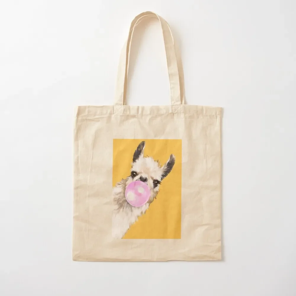 Bubble Gum Sneaky Llama in Mustard Yellow Tote Bag bag luxury women reusable grocery bags Canvas bag Eco