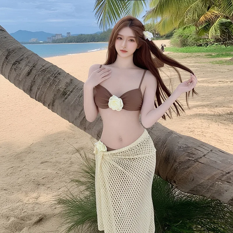Women's 3 Piece Bikini Set Light Green 3D Flower Decor Triangle Top With Mesh Wrap Skirt Summer Beach Bathing Suit Swimwear