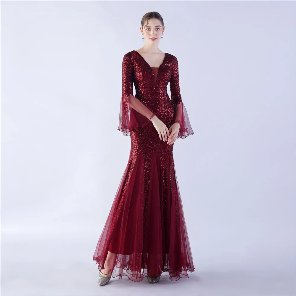 Elegant Burgundy Long Mermaid Full Sleeves Evening Dress Shiny Sequins Tulle Special Occasion Gowns In Stock Women Party Dresses