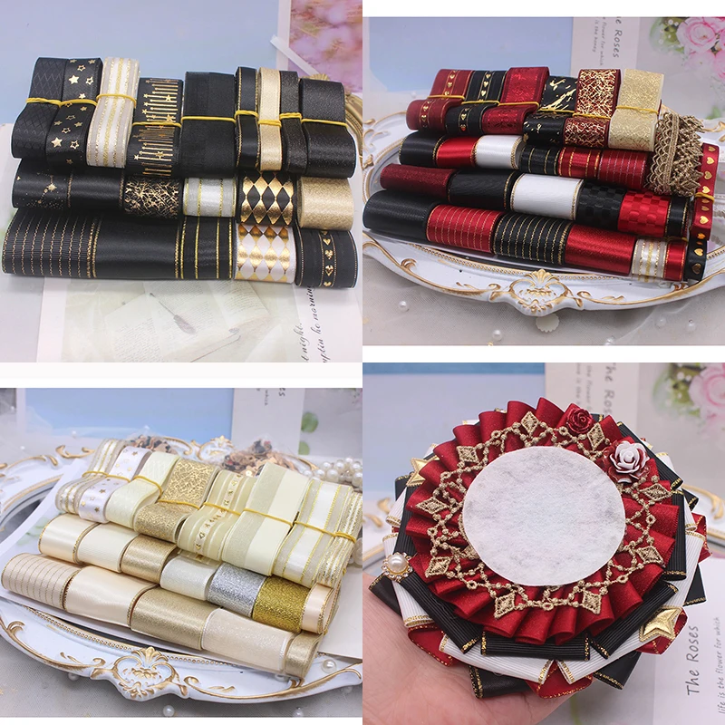 Mixed Black Gold Red Ribbon Set Bar Pump Badge Pain Package Decoration Material for DIY Hair Bow Christmas Decoration Ribbon